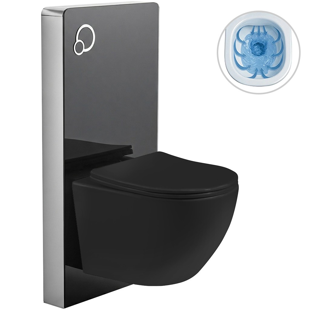 Kompletní WC set sanitární splach. modul - černá matná + WC závěsné Verde, Rimless + Slim/UF sedátko - černá lesklá - 49x36 cm