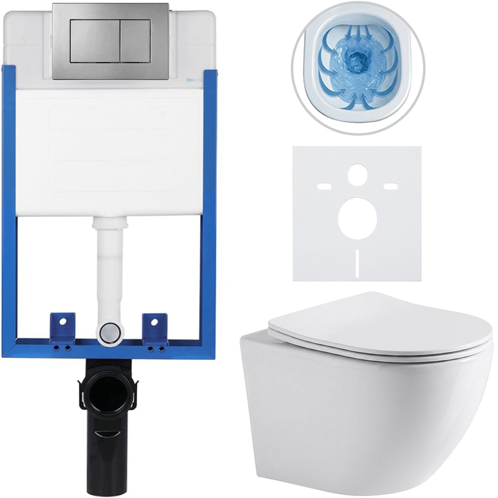 Kompletní podomítkový WC set Lite/Verde - bílá lesklá - WC tlačítko Classic, tmavě šedá - k zazdění - 49x36 cm