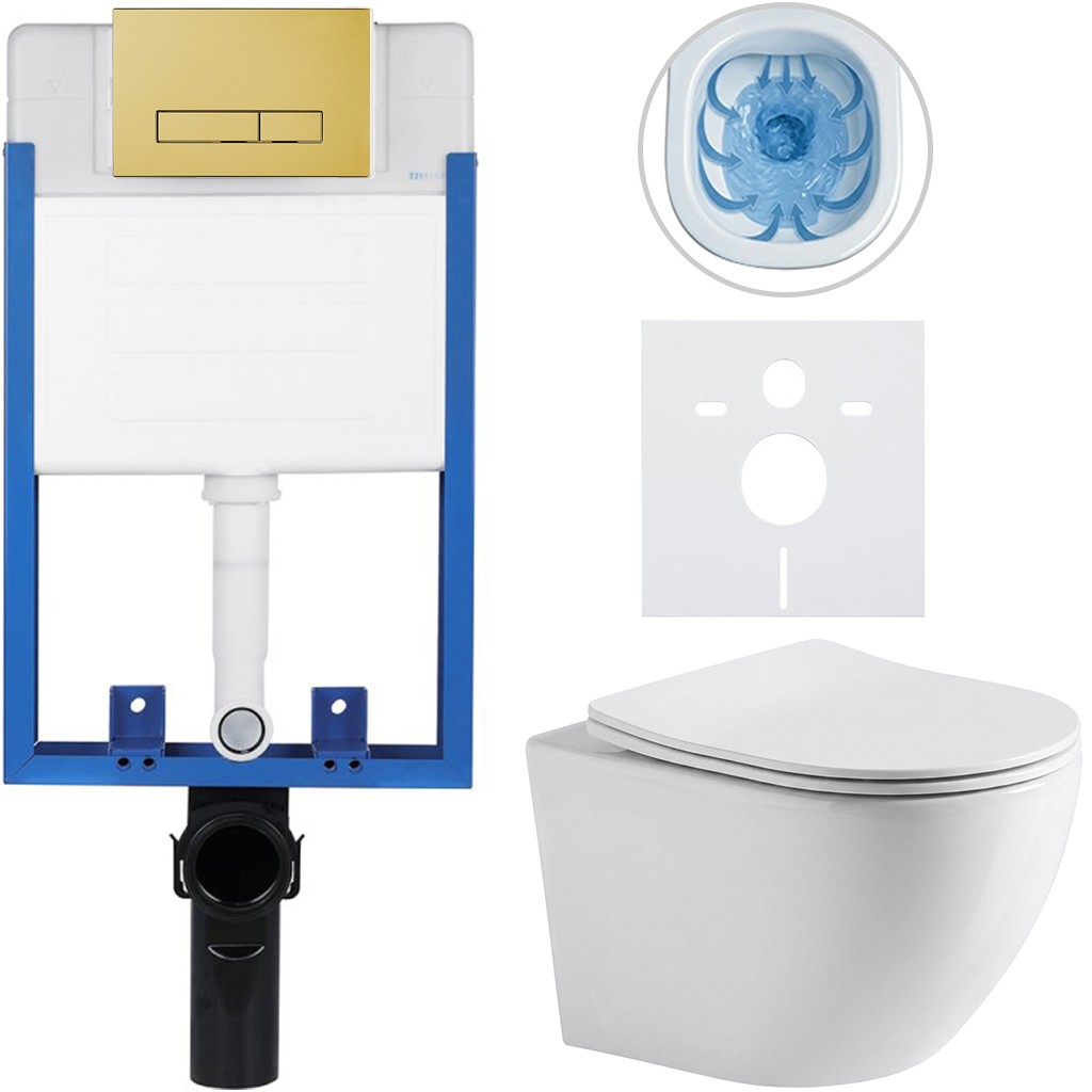 Kompletní podomítkový WC set Lite/Verde - bílá lesklá - WC tlačítko Slim, zlatá - k zazdění - 49x36 cm