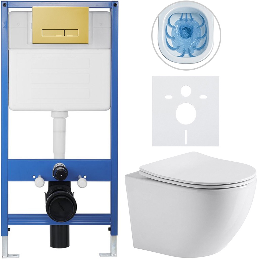 Kompletní podomítkový WC set Lite/Verde - bílá lesklá - WC tlačítko Slim, zlatá - předstěnová instalace/sádrokarton - 49x36 cm