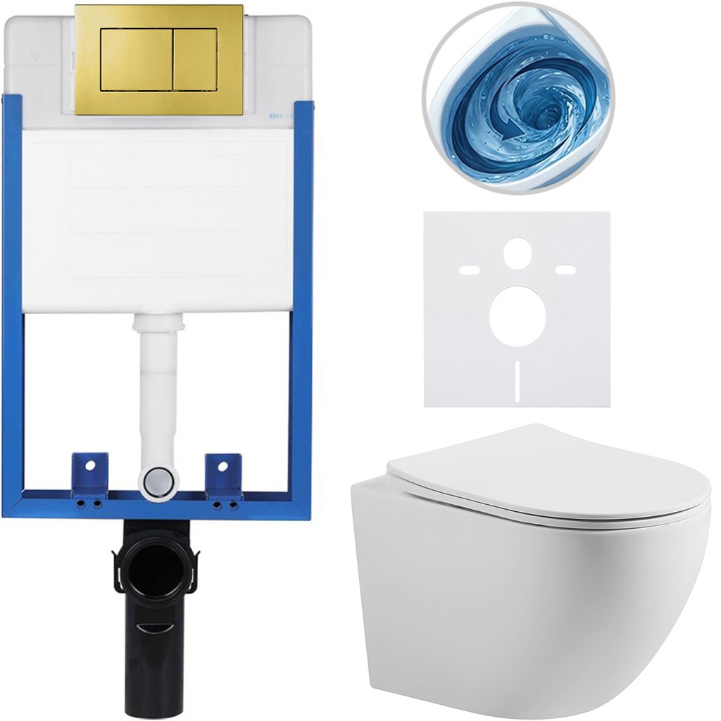 Kompletní podomítkový WC set Lite/Cesso - bílá matná - WC tlačítko Classic, zlatá - k zazdění - 49x36 cm