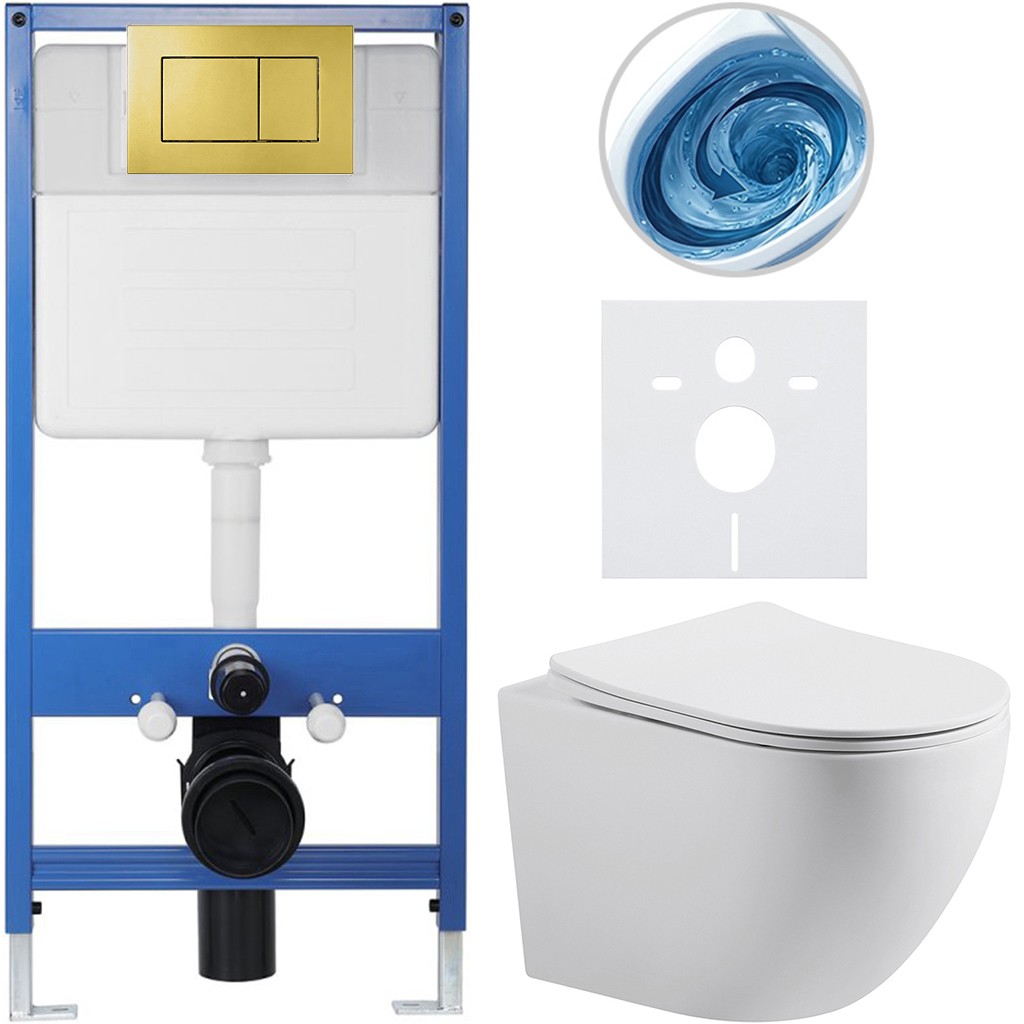 Kompletní podomítkový WC set Lite/Cesso - bílá matná - WC tlačítko Classic, zlatá - předstěnová instalace/sádrokarton - 49x36 cm