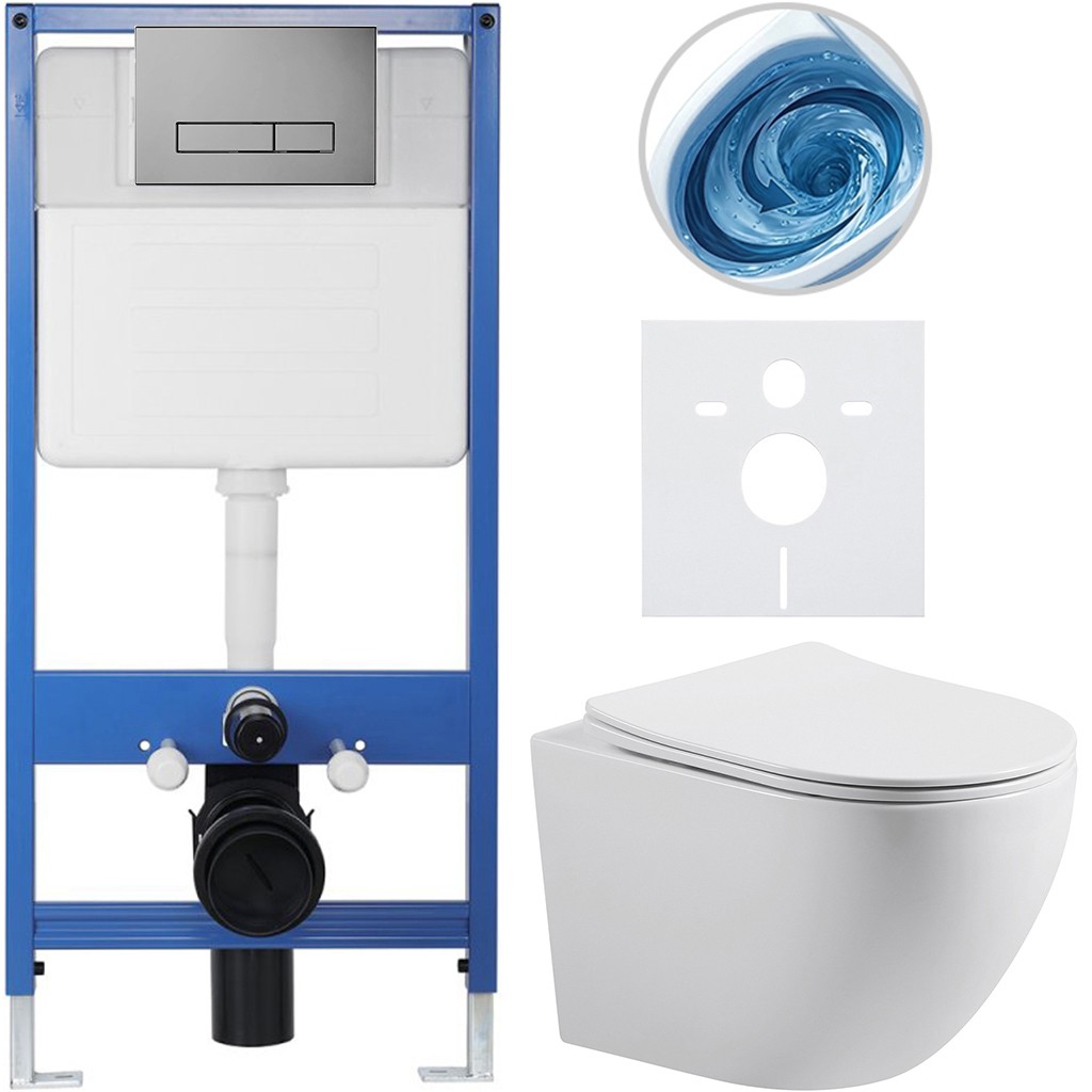 Kompletní podomítkový WC set Lite/Cesso - bílá lesklá - WC tlačítko Slim, tmavě šedá - předstěnová instalace/sádrokarton - 49x36 cm