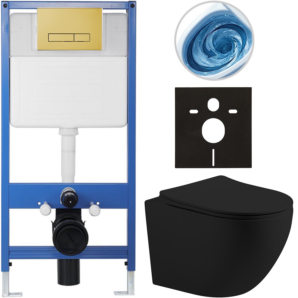 Kompletní podomítkový WC set Lite/Cesso - černá matná - WC tlačítko Slim, zlatá - předstěnová instalace/sádrokarton - 49x36 cm
