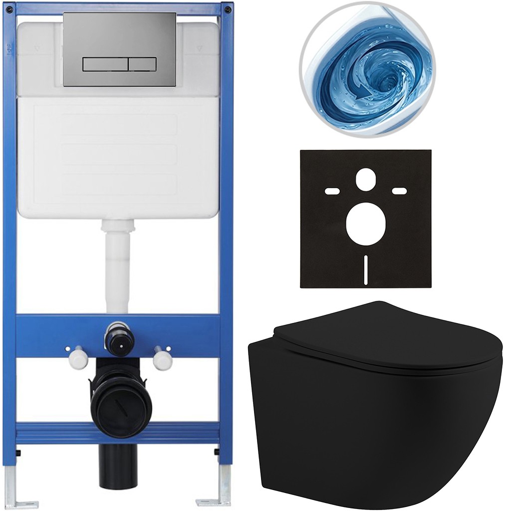Kompletní podomítkový WC set Lite/Cesso - černá matná - WC tlačítko Slim, tmavě šedá - předstěnová instalace/sádrokarton - 49x36 cm