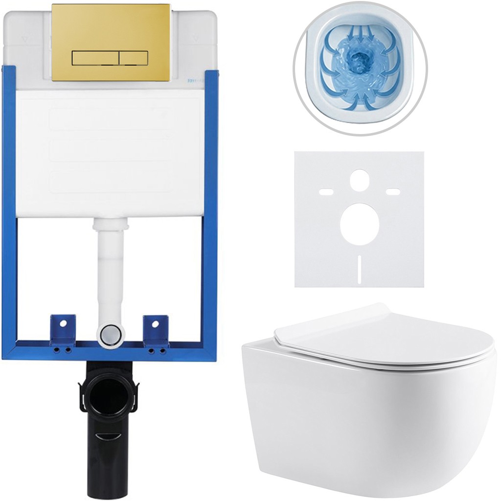Kompletní podomítkový WC set Lite/Felci - bílá lesklá - WC tlačítko Slim, zlatá - k zazdění - 52,5x36 cm