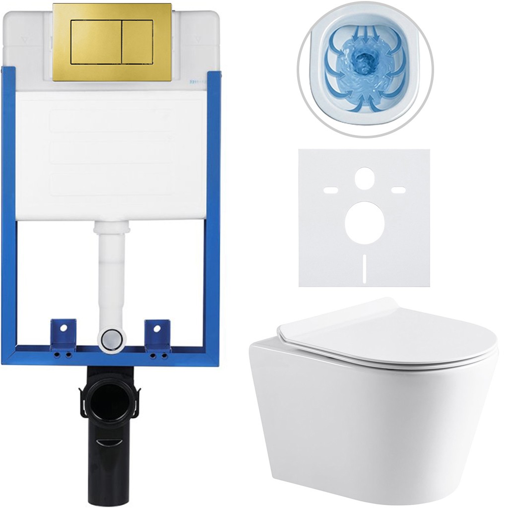 Kompletní podomítkový WC set Lite/Norbi - bílá lesklá - WC tlačítko Classic, zlatá - k zazdění - 48,5x36,5 cm