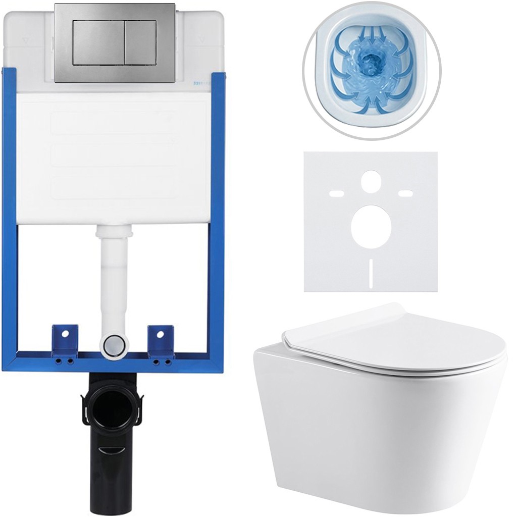 Kompletní podomítkový WC set Lite/Norbi - bílá lesklá - WC tlačítko Classic, tmavě šedá - k zazdění - 48,5x36,5 cm