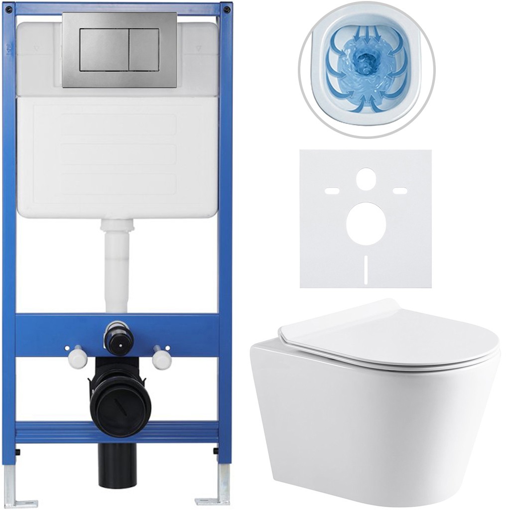 Kompletní podomítkový WC set Lite/Norbi - bílá lesklá - WC tlačítko Classic, tmavě šedá - předstěnová instalace/sádrokarton - 48,5x36,5 cm