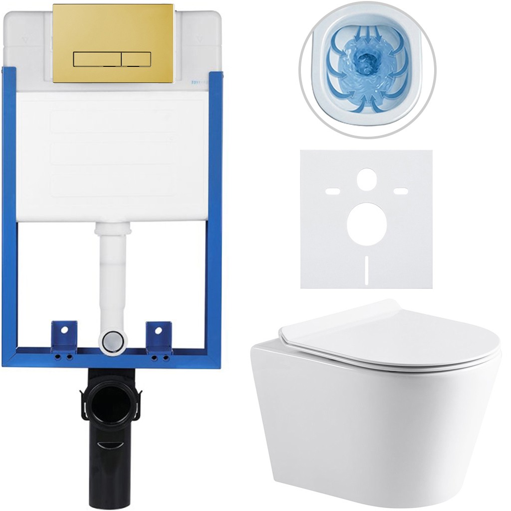 Kompletní podomítkový WC set Lite/Norbi - bílá lesklá - WC tlačítko Slim, zlatá - k zazdění - 48,5x36,5 cm
