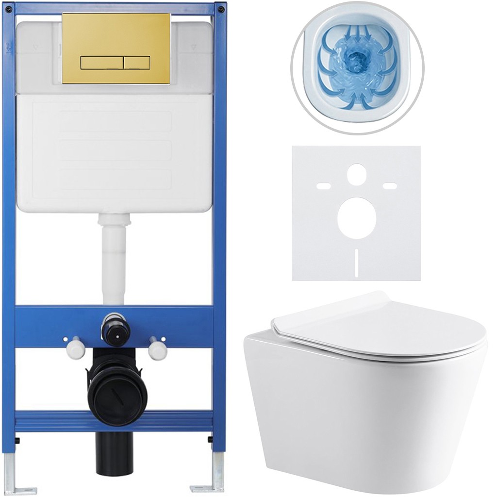 Kompletní podomítkový WC set Lite/Norbi - bílá lesklá - WC tlačítko Slim, zlatá - předstěnová instalace/sádrokarton - 48,5x36,5 cm