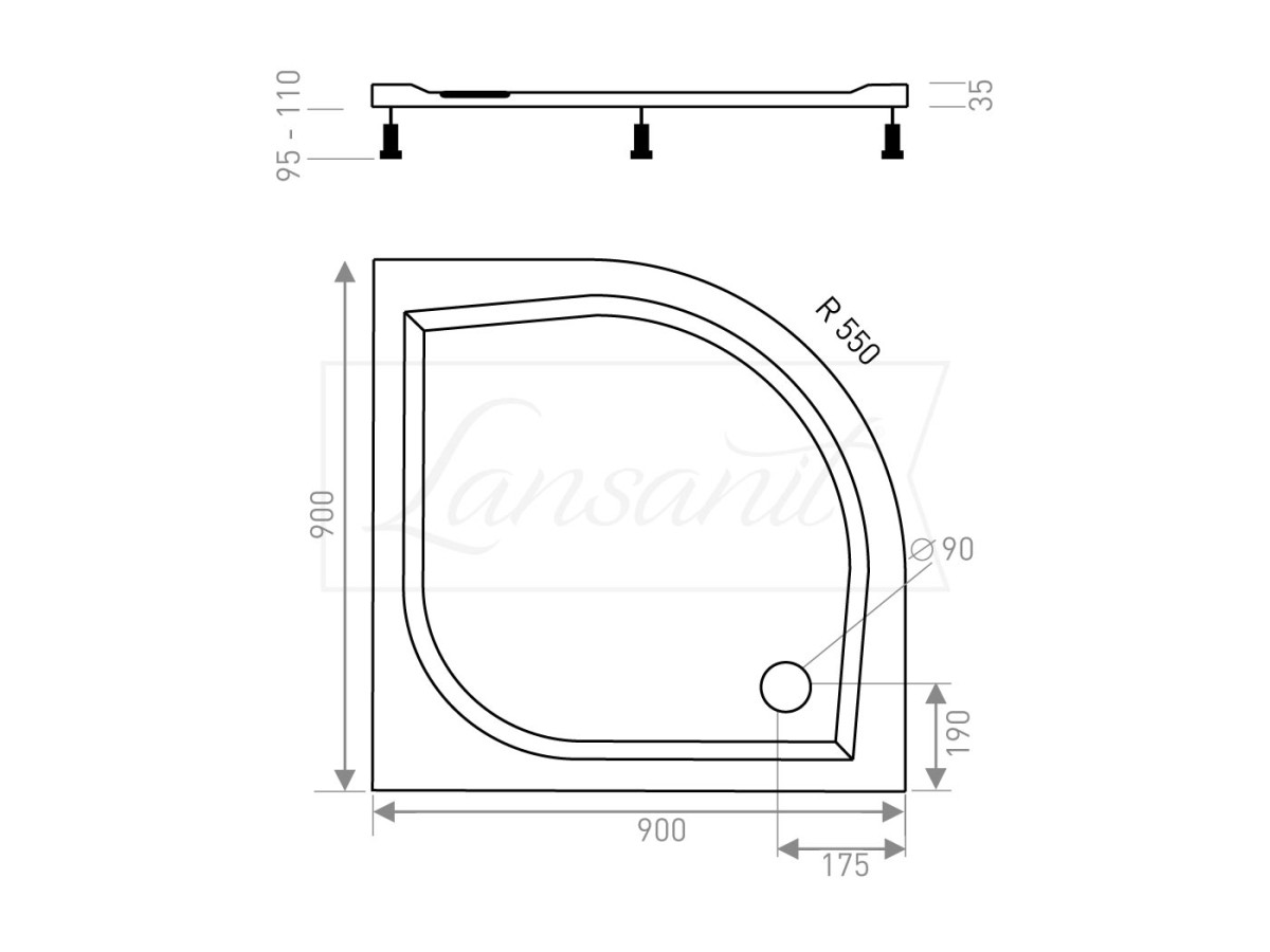 Sprchová vanička čtvrtkruhová EX 900×900 mm, R550, bez nožiček, sifon vlevo