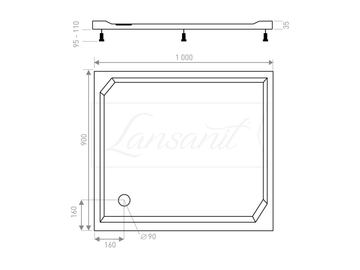 Sprchová vanička obdélníková EX 900×1000 mm, bez nožiček