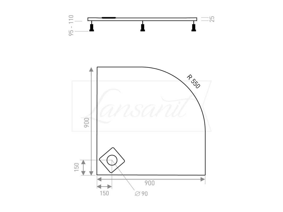 Sprchová vanička čtvrtkruhová LUX 900×900 mm, R550, bez nožiček