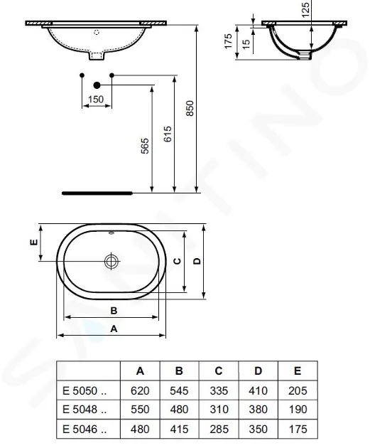 Ideal Standard Umyvadlo pod desku, 55×38 cm, s přepadem, bílá E504801