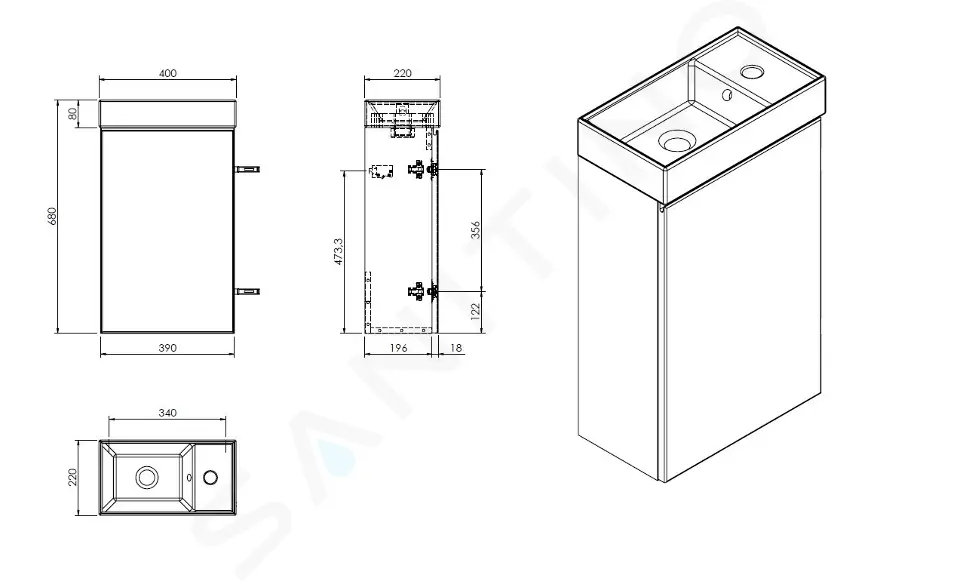 kielle Skříňka s umývátkem, 40x68x22 cm, lesklá bílá 50002S40