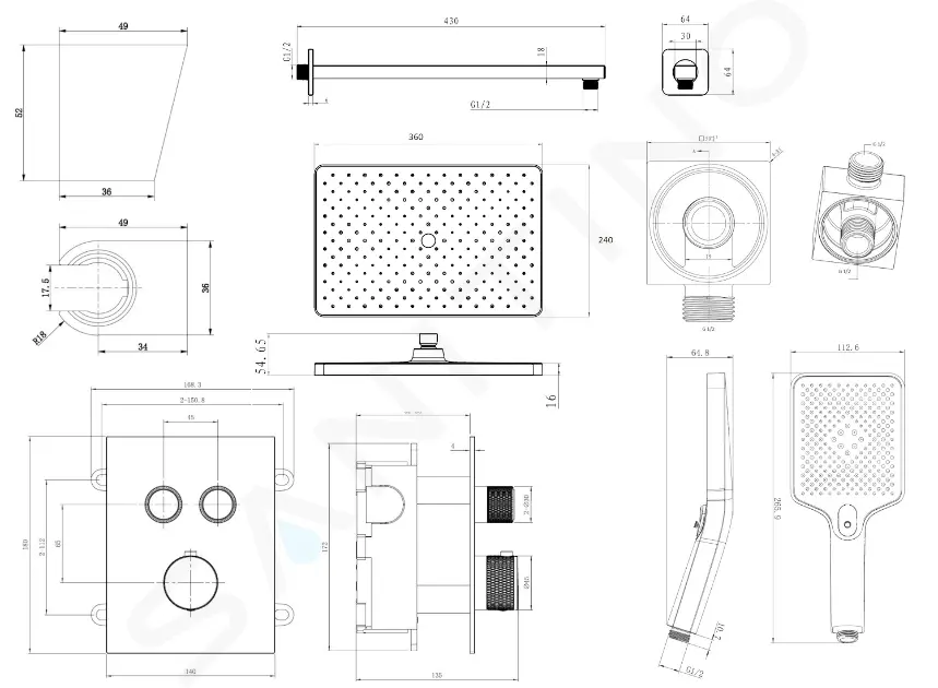 kielle Sprchový set s termostatickou baterií pod omítku, pro 2 spotřebiče, s příslušenstvím a tělesem, chrom 20611SPT20