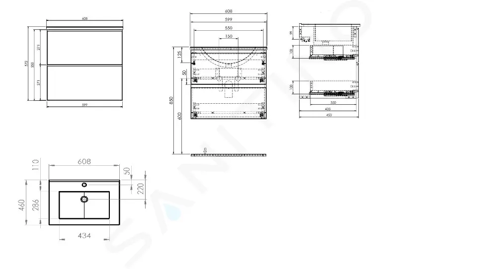 kielle Skříňka včetně umyvadla, 60x55x46 cm, 2 zásuvky, matná černá 50002S64