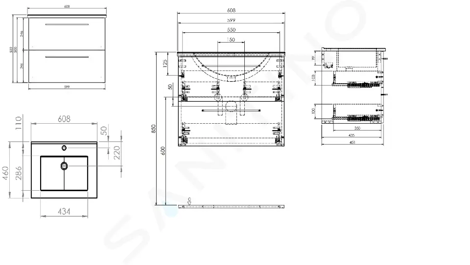 kielle Skříňka včetně umyvadla, 60x50x46 cm, 2 zásuvky, lesklá bílá 50018S60
