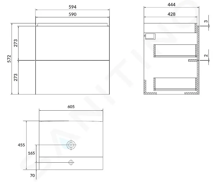 kielle Skříňka včetně umyvadla 60x57x44 cm, 2 zásuvky, šedá 50011S62