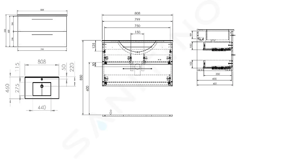 kielle Skříňka včetně umyvadla,80x50x46 cm, 2 zásuvky, zlatý dub 50018S81