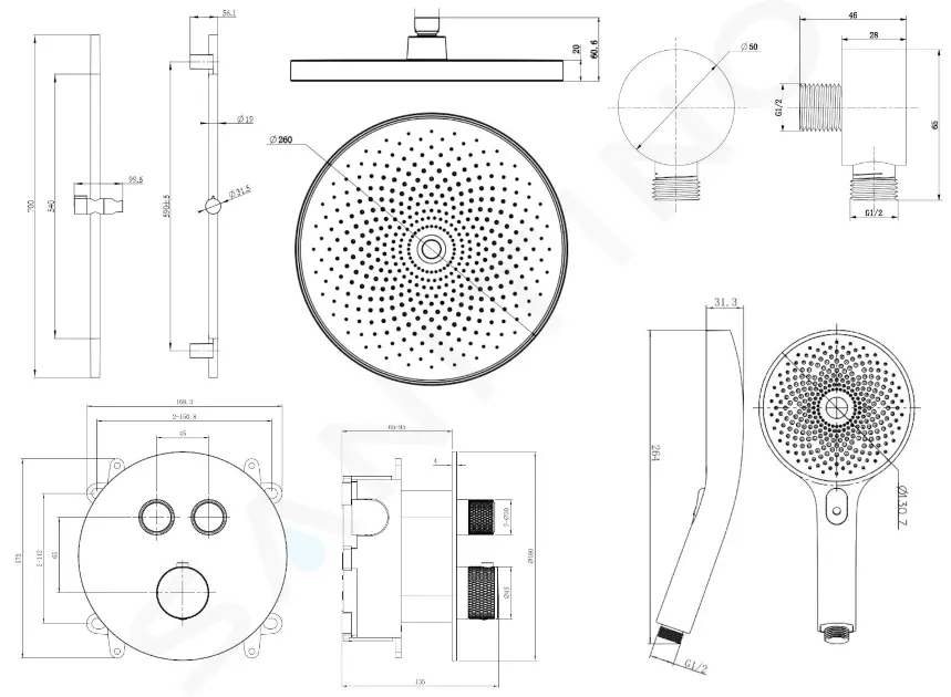 kielle Sprchový set s termostatickou baterií pod omítku, pro 2 spotřebiče, s příslušenstvím a tělesem, matná černá 20602SPT14