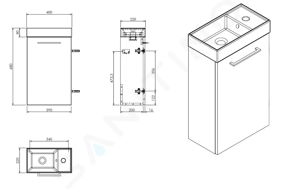kielle Skříňka s umývátkem, 40x68x22 cm, lesklá bílá 50018S40