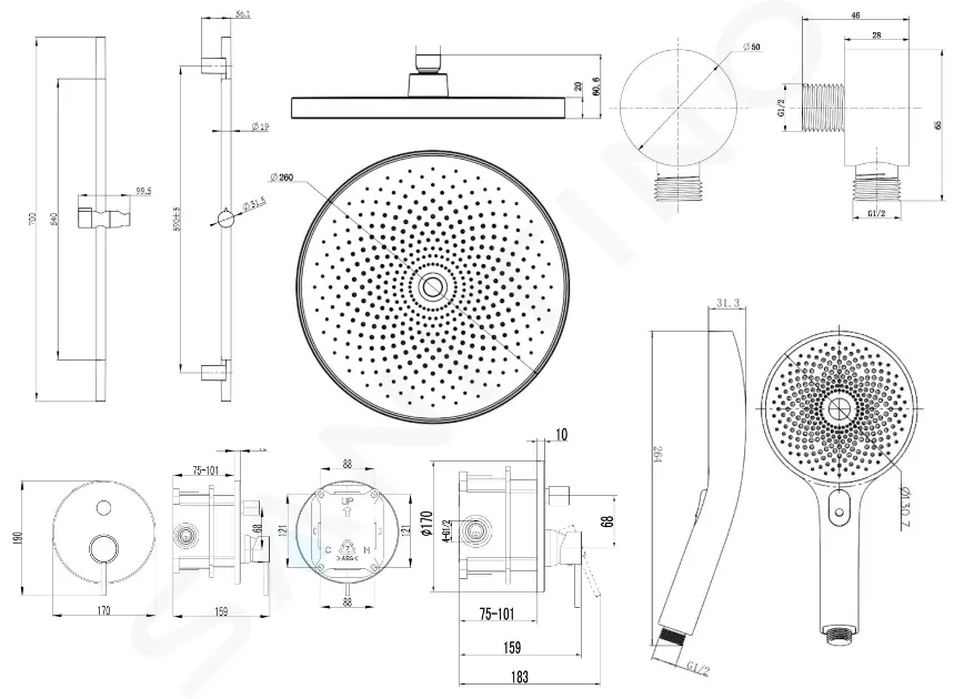 kielle Sprchový set s baterií pod omítku, pro 2 spotřebiče, s příslušenstvím a tělesem, chrom 20602SP10