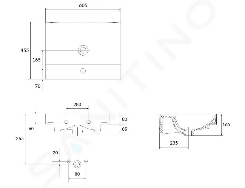 kielle Umyvadlo 60×45 cm, s přepadem, s otvorem pro baterii, bílá 30611600