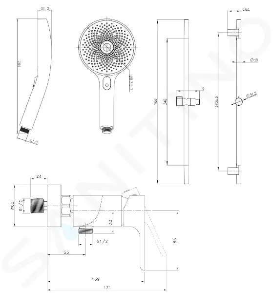 kielle Sprchový set s baterií, tyčí, hadicí a sprchovou hlavicí, matná černá 20618SN14