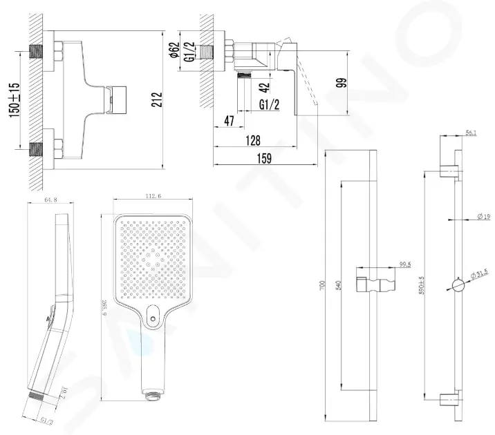 kielle Sprchový set s baterií, tyčí, hadicí a sprchovou hlavicí, matná černá 10211SN14