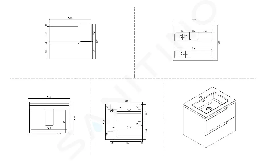 kielle Skříňka s umyvadlem 60 cm, lesklá bílá/tmavý dub 50002S610