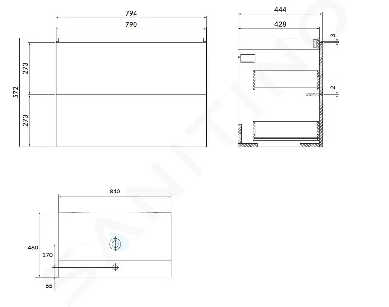 kielle Skříňka včetně umyvadla 80x57x44 cm, 2 zásuvky, šedá 50011S82