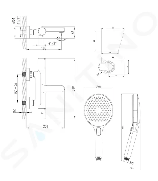 kielle Termostatická vanová baterie s příslušenstvím, chrom 10302SNT20