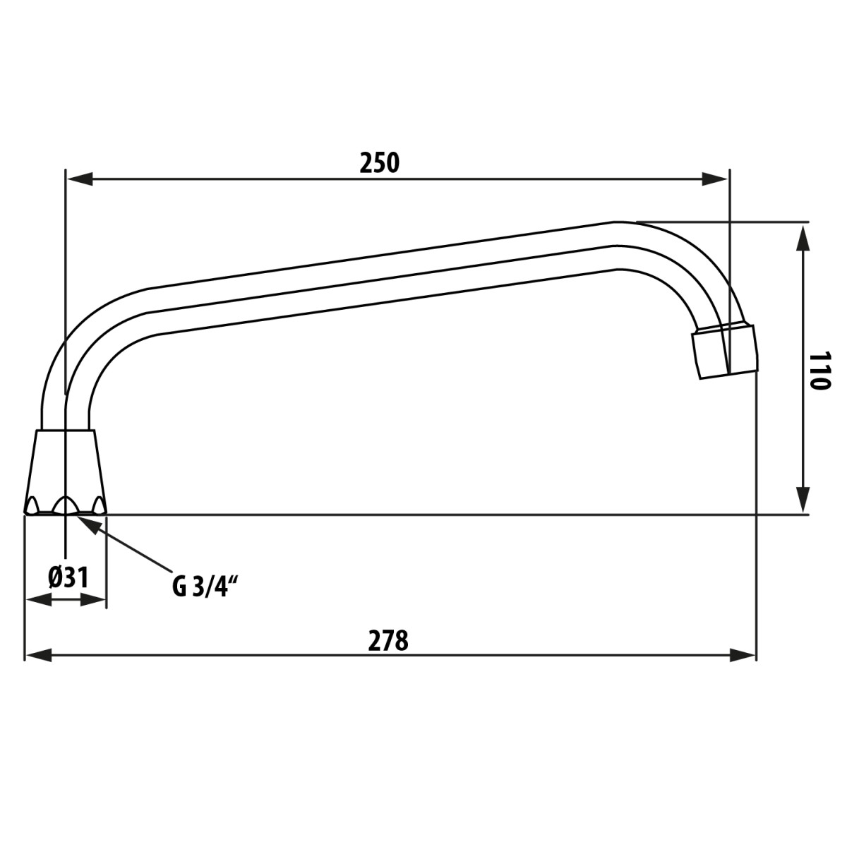 AQUALINE – Universální výtokové ramínko k baterii, 250, typ-U, chrom 15U250