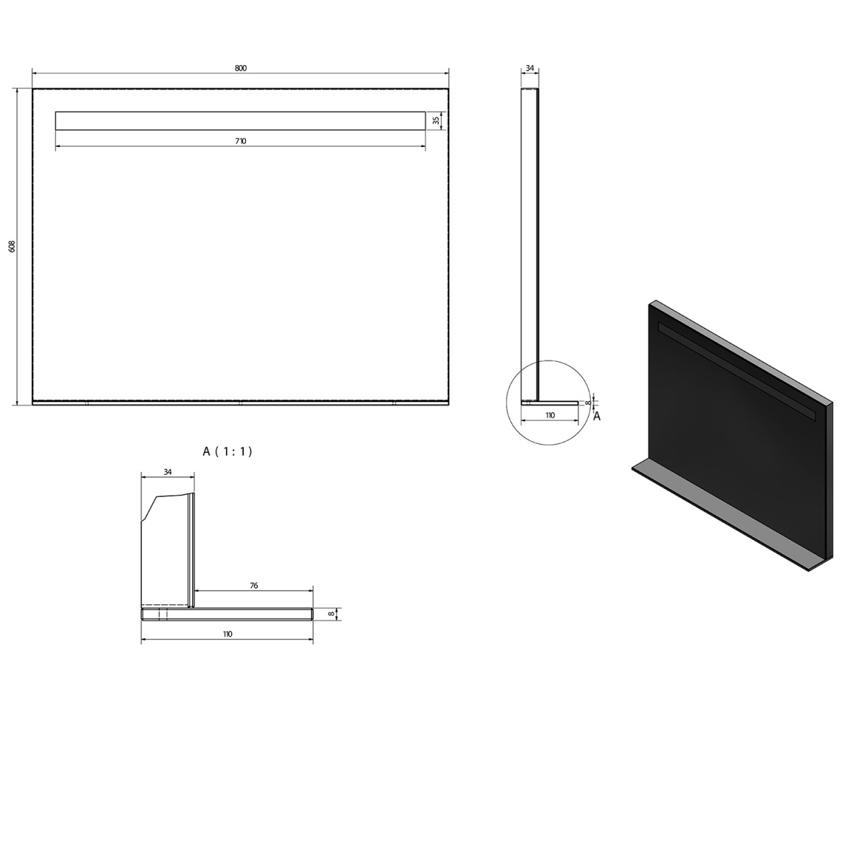 SAPHO – BRETO zrcadlo s LED osvětlením a policí 80×60,8cm BT080