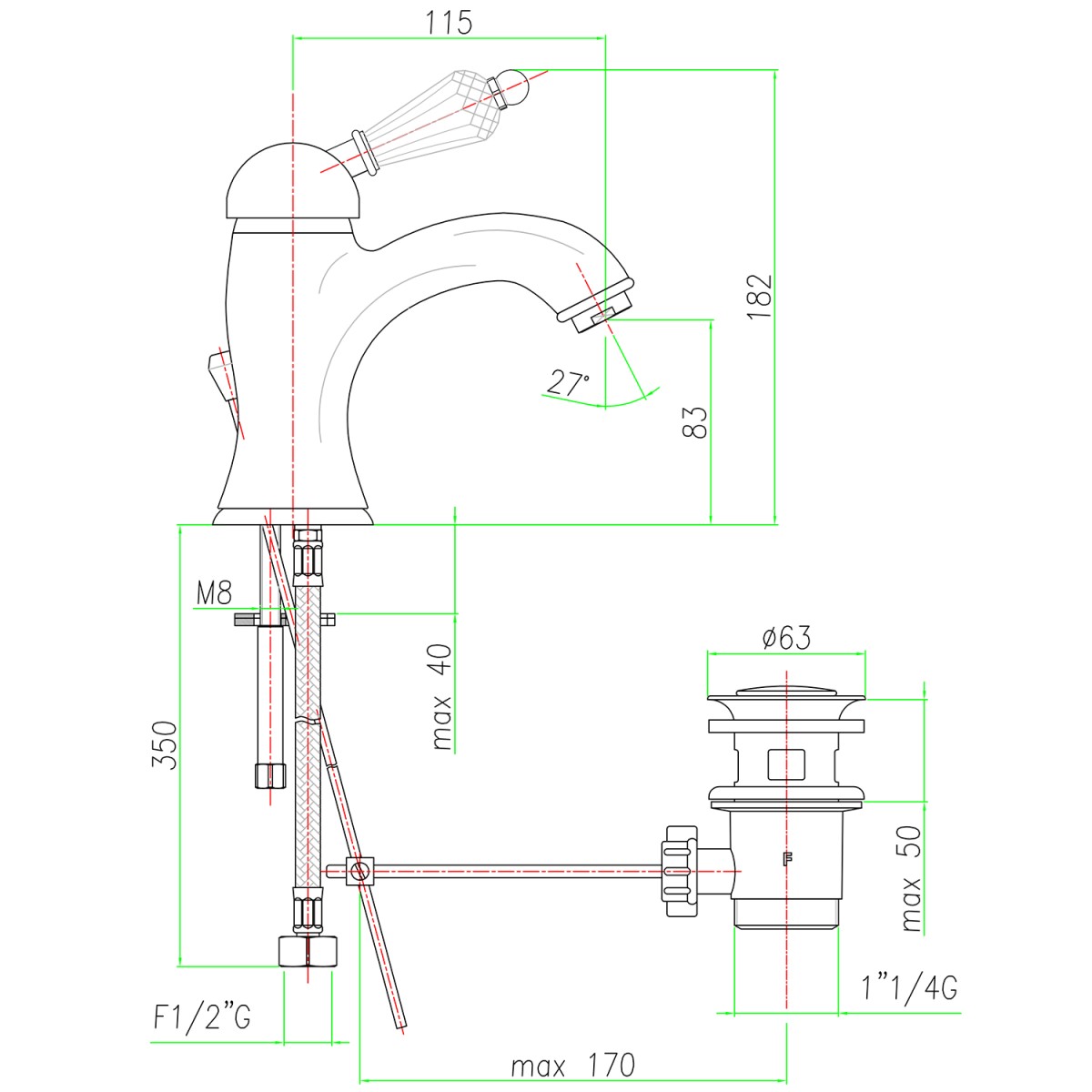 SAPHO – KIRKÉ CRYSTAL stojánková umyvadlová baterie s výpustí, páčka krystal, chrom KI02KC