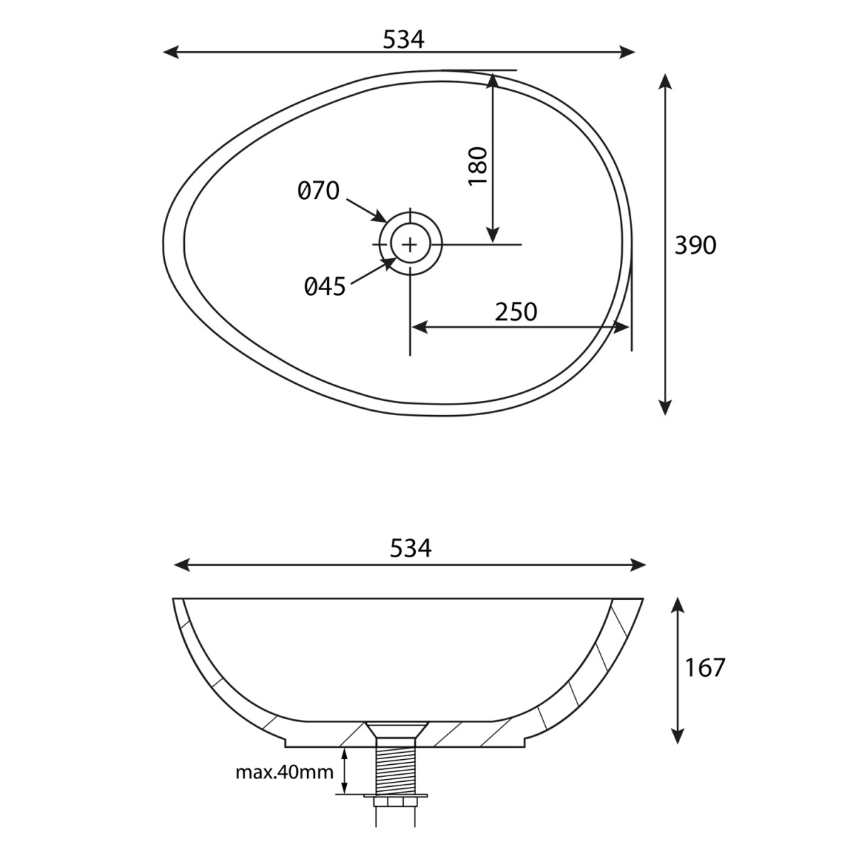 SAPHO – PUNC betonové umyvadlo na desku, včetně výpusti, 53x39cm, bílý pískovec BH7000