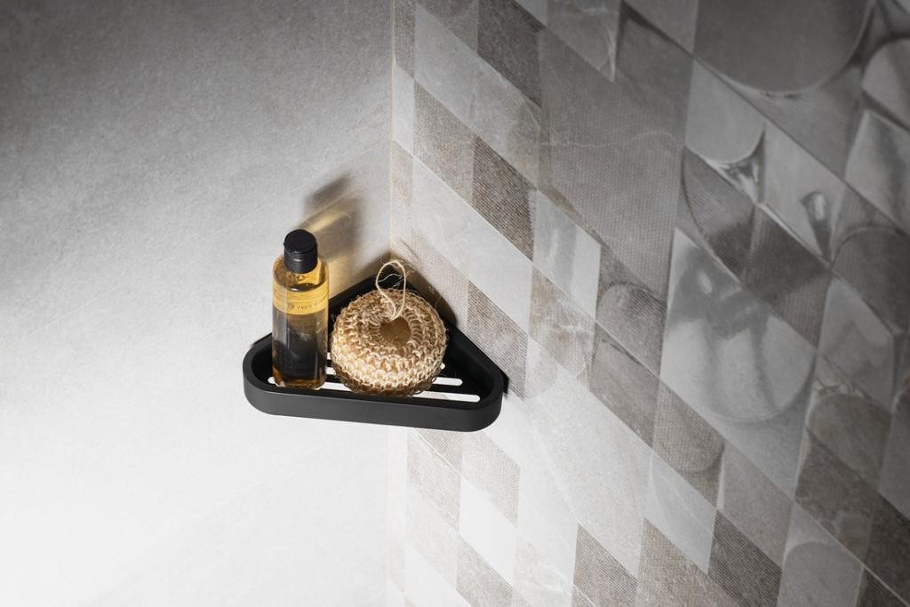 Gedy – OUTLINE rohová police do sprchy, 170x30x170, černá mat 328314