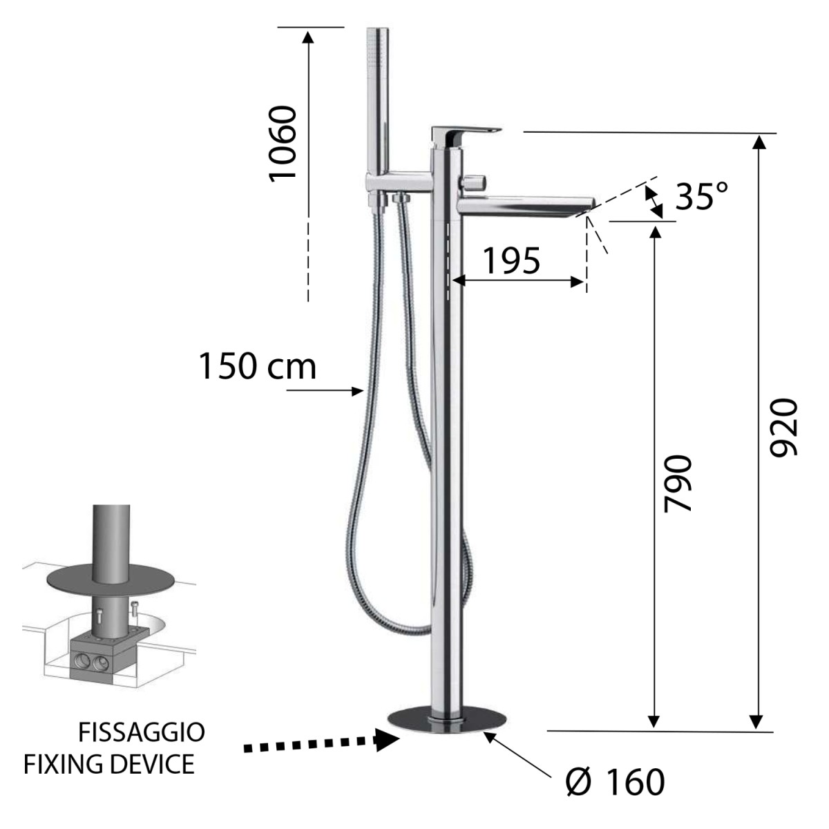 SAPHO – SPY vanová baterie s připojením do podlahy, chrom PY21