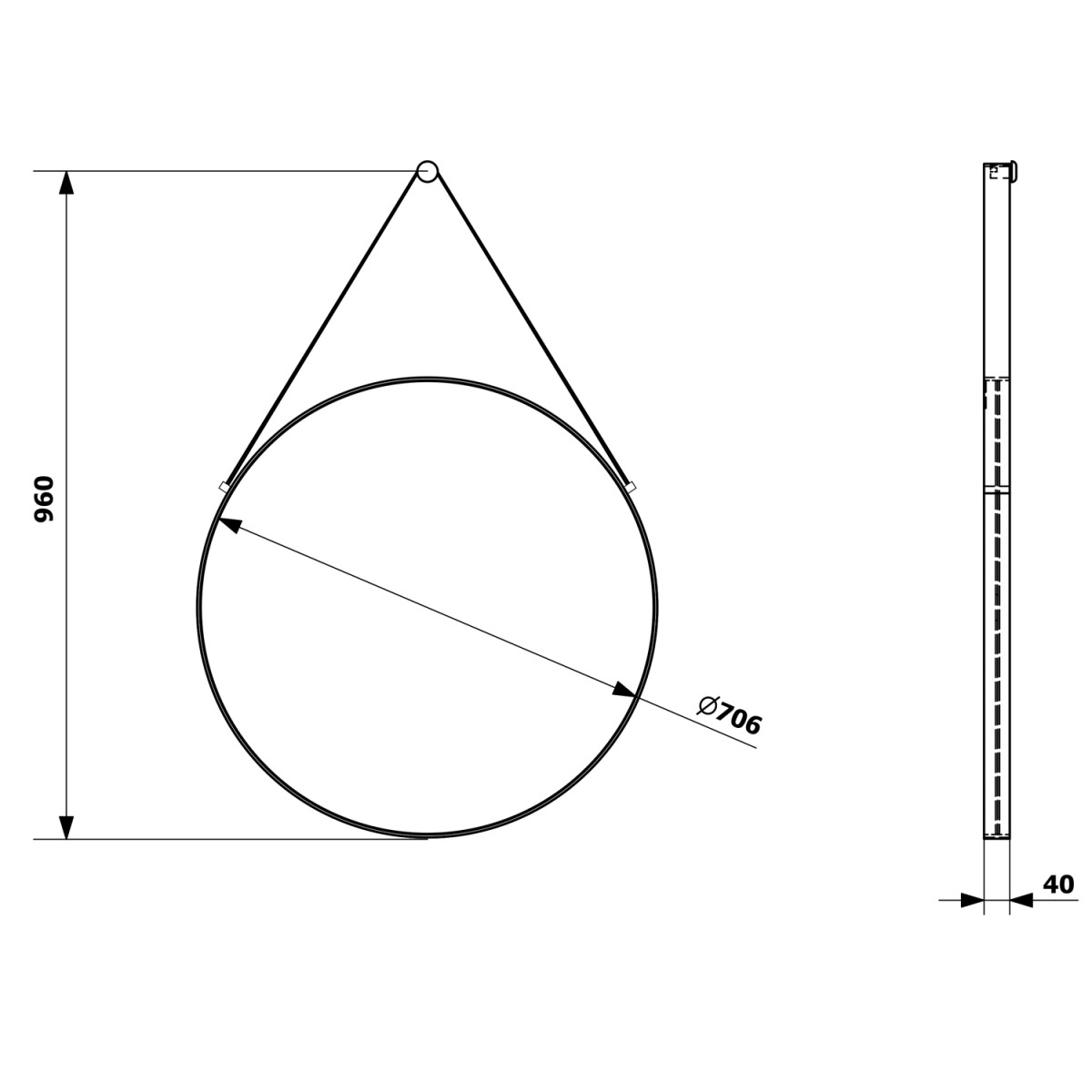 SAPHO – ORBITER kulaté zrcadlo s koženým páskem ø 70cm, černá mat ORT070
