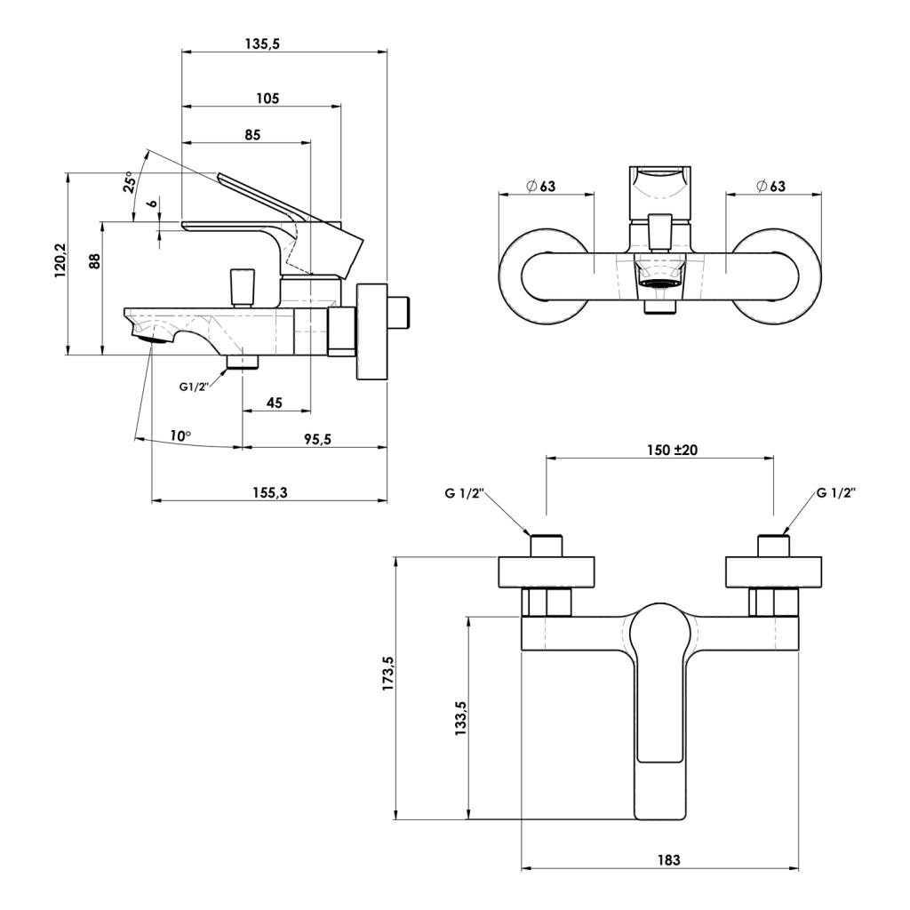 SAPHO – PAX nástěnná vanová baterie, černá mat XA10/15