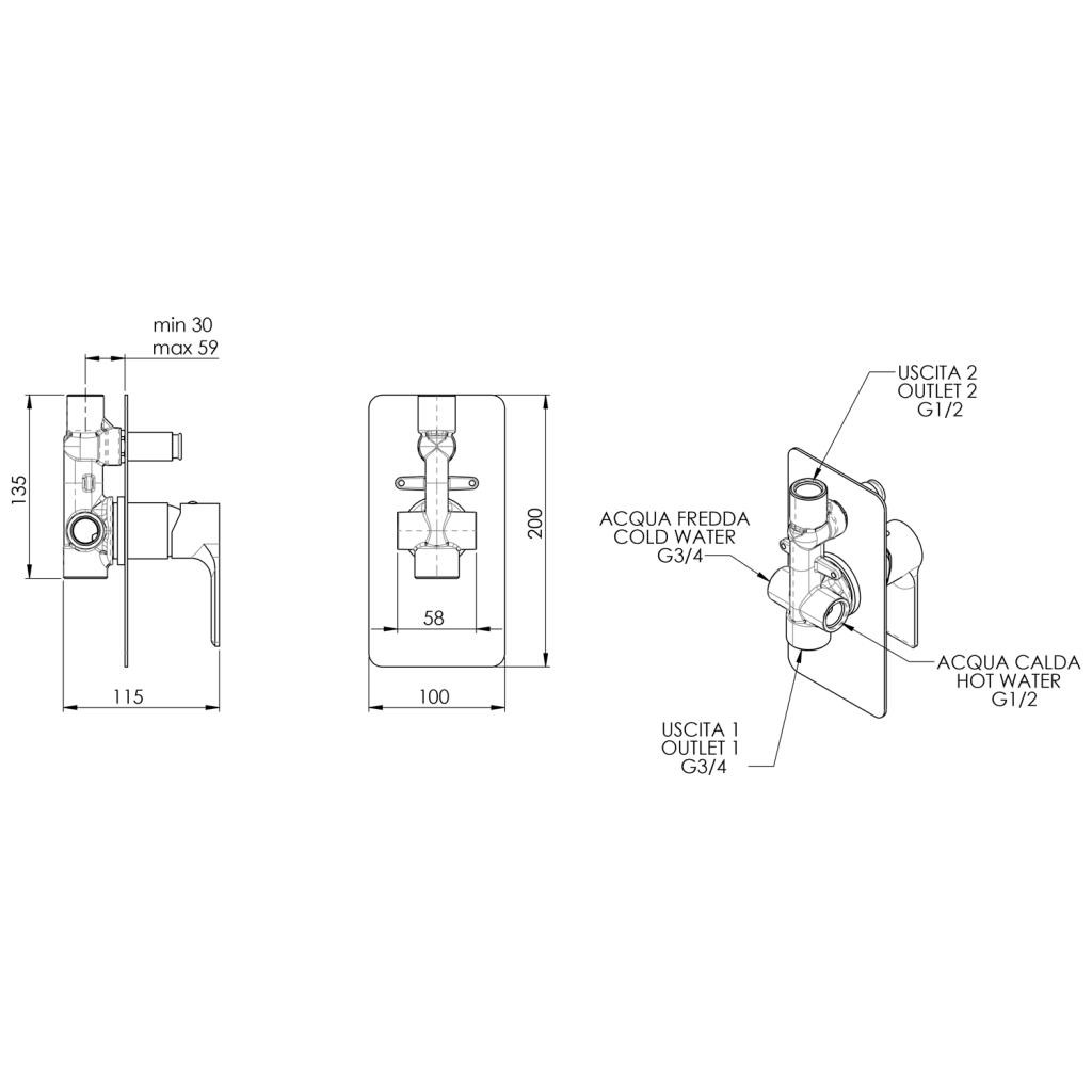 SAPHO – PAX podomítková sprchová baterie, 2 výstupy, chrom XA42