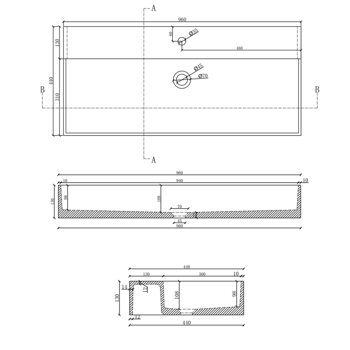 SAPHO – QUADRADO betonové umyvadlo včetně výpusti, 96x44cm, bílý pískovec AR467