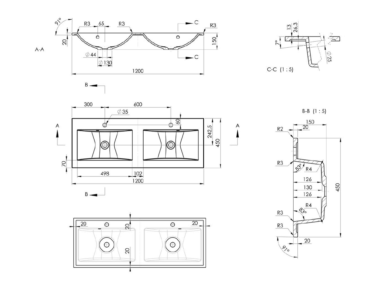 SAPHO – YUKON dvojumyvadlo, litý mramor, 120x45cm, bílá YU120