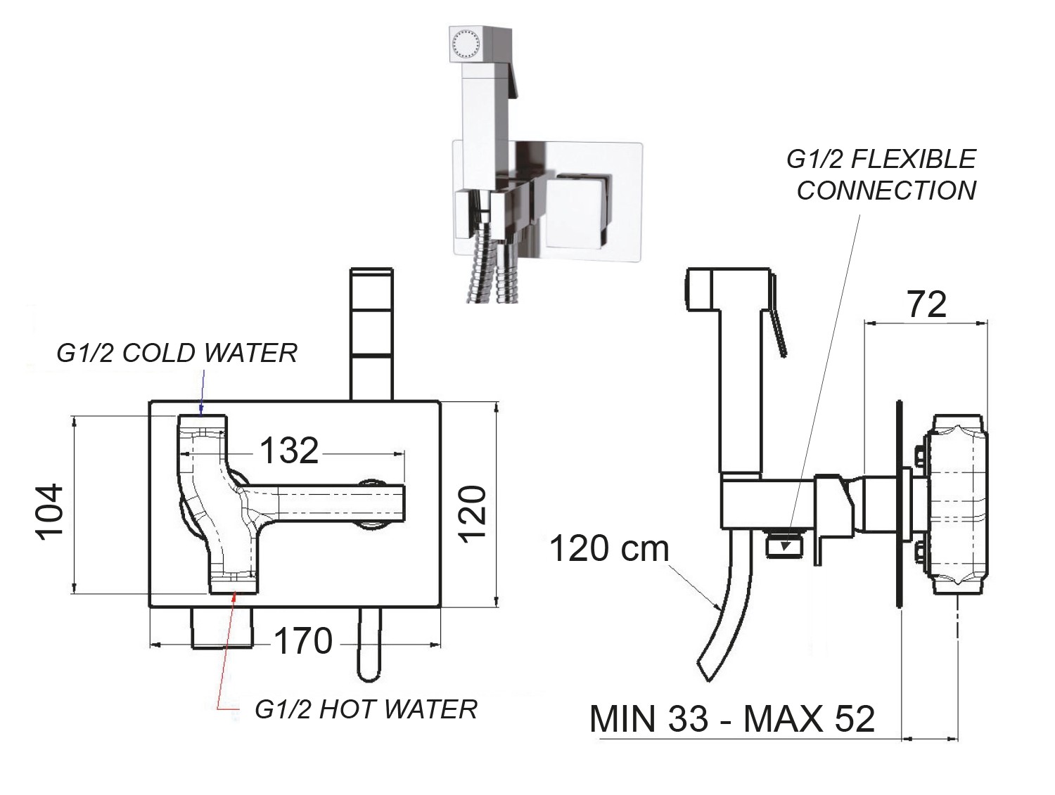 SAPHO – SPECTRE podomítková bidetová baterie se Stop sprškou, hranatá, chrom 1102-07