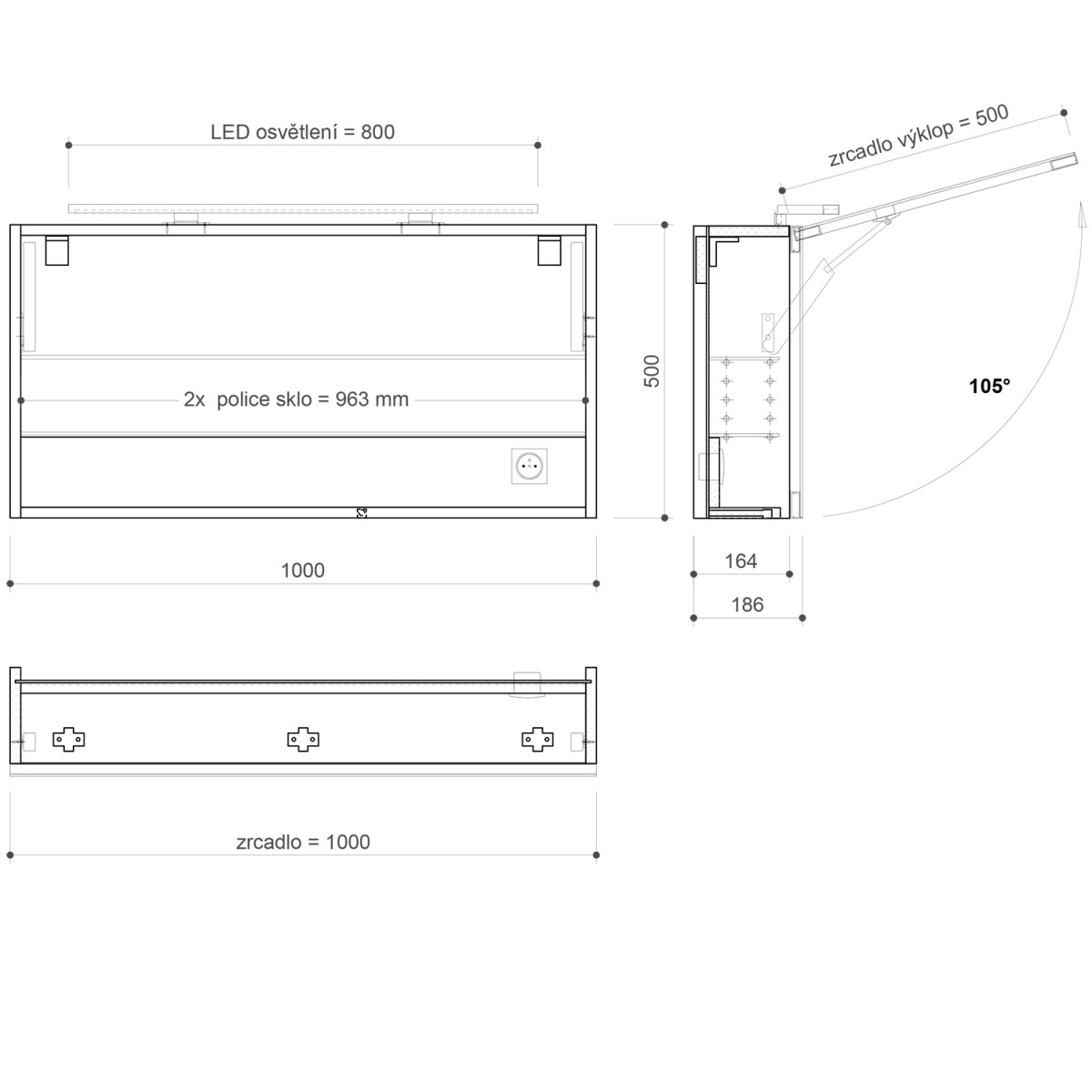 SAPHO – CLOE galerka s LED osvětlením 100x50x18cm, bílá CE100-0030