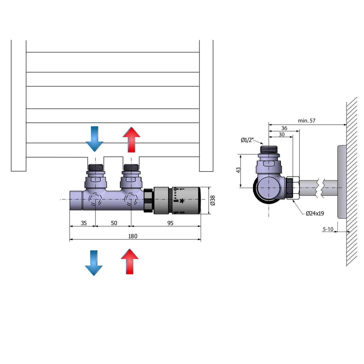 SAPHO - TWIN připojovací sada ventilů termostatická pro středové připojení, nerez mat CP3520S (obrázek 3)