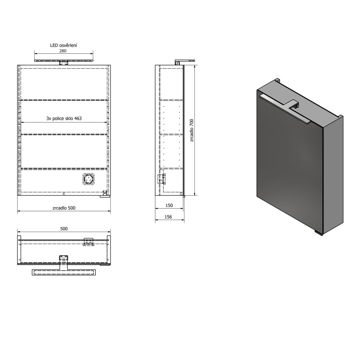 SAPHO – MIRRÓ galerka s LED osvětlením, 50x70x16cm, levá/pravá, bílá MC050-0030