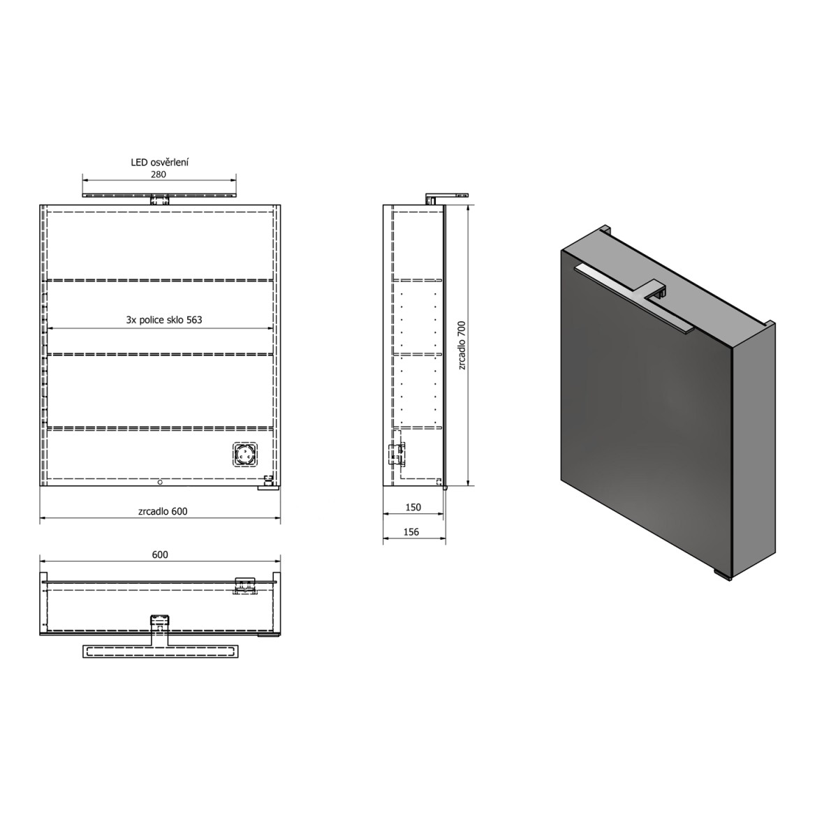 SAPHO – MIRRÓ galerka s LED osvětlením, 60x70x16cm, levá/pravá, bílá MC060-0030